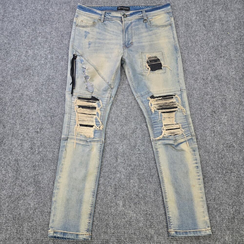 Hyper Denim Jeans Mens Tagged 36 Measures 36x31 Blue Distressed Moto
